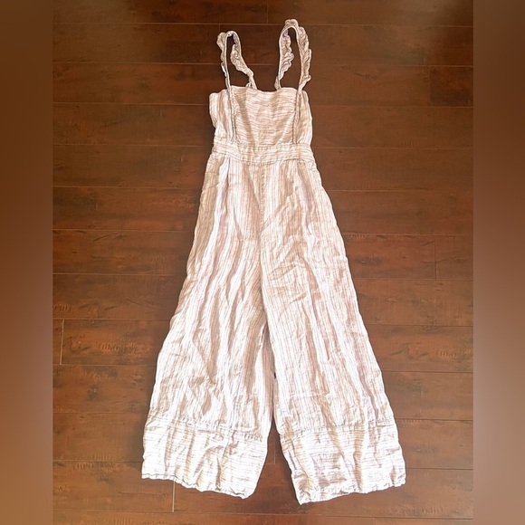 ANTHROPOLOGIE Elevenses Nantucket Ruffled Jumpsuit Striped Linen Size 12 - Picture 4 of 16